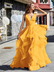 Robe de Soirée Princesse en Tulle à Col en V Longueur au Sol Mandarine Grande Taille