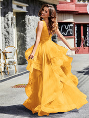Robe de Soirée Princesse en Tulle à Col en V Longueur au Sol Mandarine Grande Taille