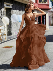 Robe de Soirée Princesse en Tulle à Col en V Longueur au Sol Terracotta Grande Taille