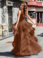 Robe de Soirée Princesse en Tulle à Col en V Longueur au Sol Terracotta Grande Taille