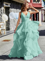 Robe de Soirée Princesse en Tulle à Col en V Longueur au Sol Turquoise Grande Taille