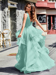 Robe de Soirée Princesse en Tulle à Col en V Longueur au Sol Turquoise Grande Taille