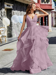 Robe de Soirée Princesse en Tulle à Col en V Longueur au Sol Vintage Mauve Grande Taille