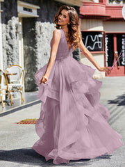 Robe de Soirée Princesse en Tulle à Col en V Longueur au Sol Vintage Mauve Grande Taille
