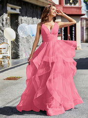 Robe de Soirée Princesse en Tulle à Col en V Longueur au Sol Pastèque