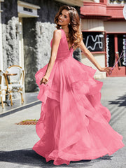Robe de Soirée Princesse en Tulle à Col en V Longueur au Sol Pastèque Grande Taille