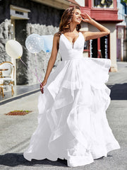 Robe de Soirée Princesse en Tulle à Col en V Longueur au Sol Blanc Grande Taille