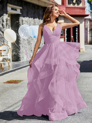Robe de Soirée Princesse en Tulle à Col en V Longueur au Sol Glycine