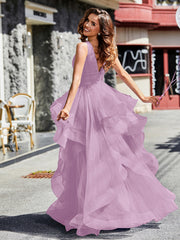 Robe de Soirée Princesse en Tulle à Col en V Longueur au Sol Glycine