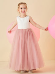 Robe de Demoiselle d'Honneur en Satin avec Dos en V et Jupe en Tulle Longueur Sol Rose Poudré