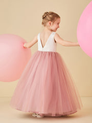 Robe de Demoiselle d'Honneur en Satin avec Dos en V et Jupe en Tulle Longueur Sol Rose Poudré