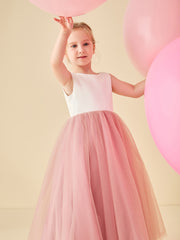 Robe de Demoiselle d'Honneur en Satin avec Dos en V et Jupe en Tulle Longueur Sol Rose Poudré