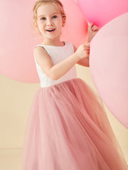 Robe de Demoiselle d'Honneur en Satin avec Dos en V et Jupe en Tulle Longueur Sol Rose Poudré