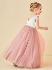 Robe de Demoiselle d'Honneur en Satin avec Dos en V et Jupe en Tulle Longueur Sol Rose Poudré