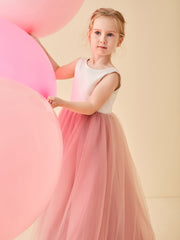 Robe de Demoiselle d'Honneur en Satin avec Dos en V et Jupe en Tulle Longueur Sol Rose Poudré