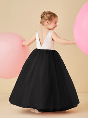 Robe de Demoiselle d'Honneur en Satin avec Dos en V et Jupe en Tulle Longueur Sol Noir