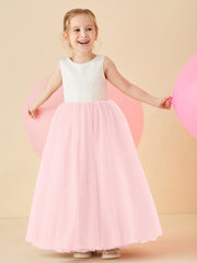 Robe de Demoiselle d'Honneur en Satin avec Dos en V et Jupe en Tulle Longueur Sol Rose Pâle