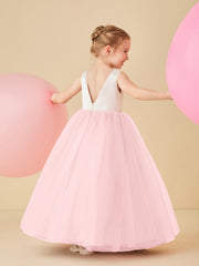 Robe de Demoiselle d'Honneur en Satin avec Dos en V et Jupe en Tulle Longueur Sol Rose Pâle