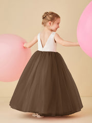 Robe de Demoiselle d'Honneur en Satin avec Dos en V et Jupe en Tulle Longueur Sol Brun