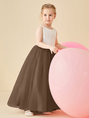 Robe de Demoiselle d'Honneur en Satin avec Dos en V et Jupe en Tulle Longueur Sol Brun