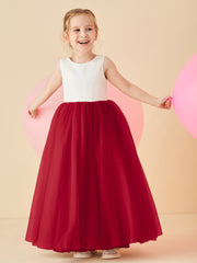 Robe de Demoiselle d'Honneur en Satin avec Dos en V et Jupe en Tulle Longueur Sol Bordeaux
