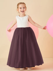 Robe de Demoiselle d'Honneur en Satin avec Dos en V et Jupe en Tulle Longueur Sol Cabernet