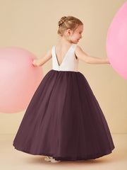 Robe de Demoiselle d'Honneur en Satin avec Dos en V et Jupe en Tulle Longueur Sol Cabernet