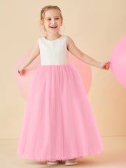 Robe de Demoiselle d'Honneur en Satin avec Dos en V et Jupe en Tulle Longueur Sol Rose Bonbon