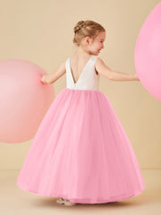 Robe de Demoiselle d'Honneur en Satin avec Dos en V et Jupe en Tulle Longueur Sol Rose Bonbon