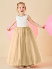 Robe de Demoiselle d'Honneur en Satin avec Dos en V et Jupe en Tulle Longueur Sol Champagne