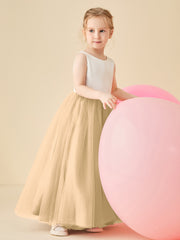Robe de Demoiselle d'Honneur en Satin avec Dos en V et Jupe en Tulle Longueur Sol Champagne