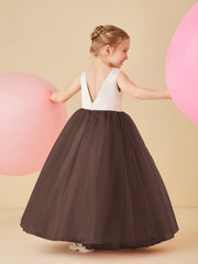 Robe de Demoiselle d'Honneur en Satin avec Dos en V et Jupe en Tulle Longueur Sol Chocolat