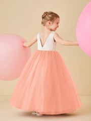 Robe de Demoiselle d'Honneur en Satin avec Dos en V et Jupe en Tulle Longueur Sol Corail