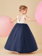 Robe de Demoiselle d'Honneur en Satin avec Dos en V et Jupe en Tulle Longueur Sol Bleu Marine