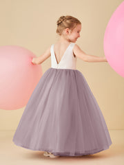 Robe de Demoiselle d'Honneur en Satin avec Dos en V et Jupe en Tulle Longueur Sol Crépuscule