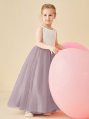 Robe de Demoiselle d'Honneur en Satin avec Dos en V et Jupe en Tulle Longueur Sol Crépuscule