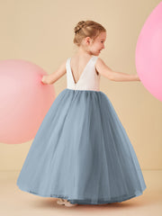 Robe de Demoiselle d'Honneur en Satin avec Dos en V et Jupe en Tulle Longueur Sol Bleu Poudré