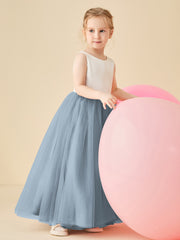Robe de Demoiselle d'Honneur en Satin avec Dos en V et Jupe en Tulle Longueur Sol Bleu Poudré