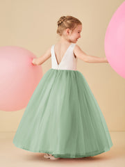Robe de Demoiselle d'Honneur en Satin avec Dos en V et Jupe en Tulle Longueur Sol Sauge Poudrée