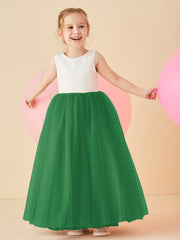 Robe de Demoiselle d'Honneur en Satin avec Dos en V et Jupe en Tulle Longueur Sol Emeraude
