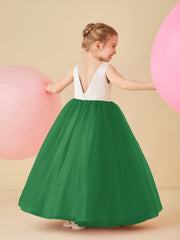 Robe de Demoiselle d'Honneur en Satin avec Dos en V et Jupe en Tulle Longueur Sol Emeraude