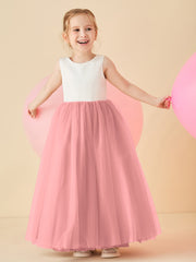 Robe de Demoiselle d'Honneur en Satin avec Dos en V et Jupe en Tulle Longueur Sol Flamant