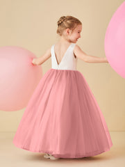 Robe de Demoiselle d'Honneur en Satin avec Dos en V et Jupe en Tulle Longueur Sol Flamant