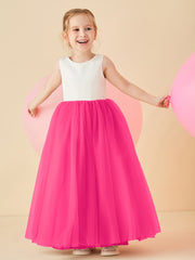 Robe de Demoiselle d'Honneur en Satin avec Dos en V et Jupe en Tulle Longueur Sol Fuchsia