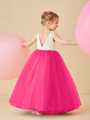 Robe de Demoiselle d'Honneur en Satin avec Dos en V et Jupe en Tulle Longueur Sol Fuchsia