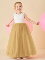 Robe de Demoiselle d'Honneur en Satin avec Dos en V et Jupe en Tulle Longueur Sol Or