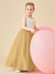 Robe de Demoiselle d'Honneur en Satin avec Dos en V et Jupe en Tulle Longueur Sol Or