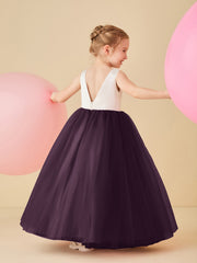 Robe de Demoiselle d'Honneur en Satin avec Dos en V et Jupe en Tulle Longueur Sol Raisin