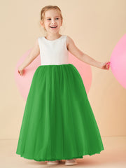 Robe de Demoiselle d'Honneur en Satin avec Dos en V et Jupe en Tulle Longueur Sol Vert
