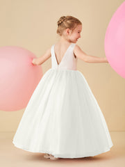 Robe de Demoiselle d'Honneur en Satin avec Dos en V et Jupe en Tulle Longueur Sol Ivoire